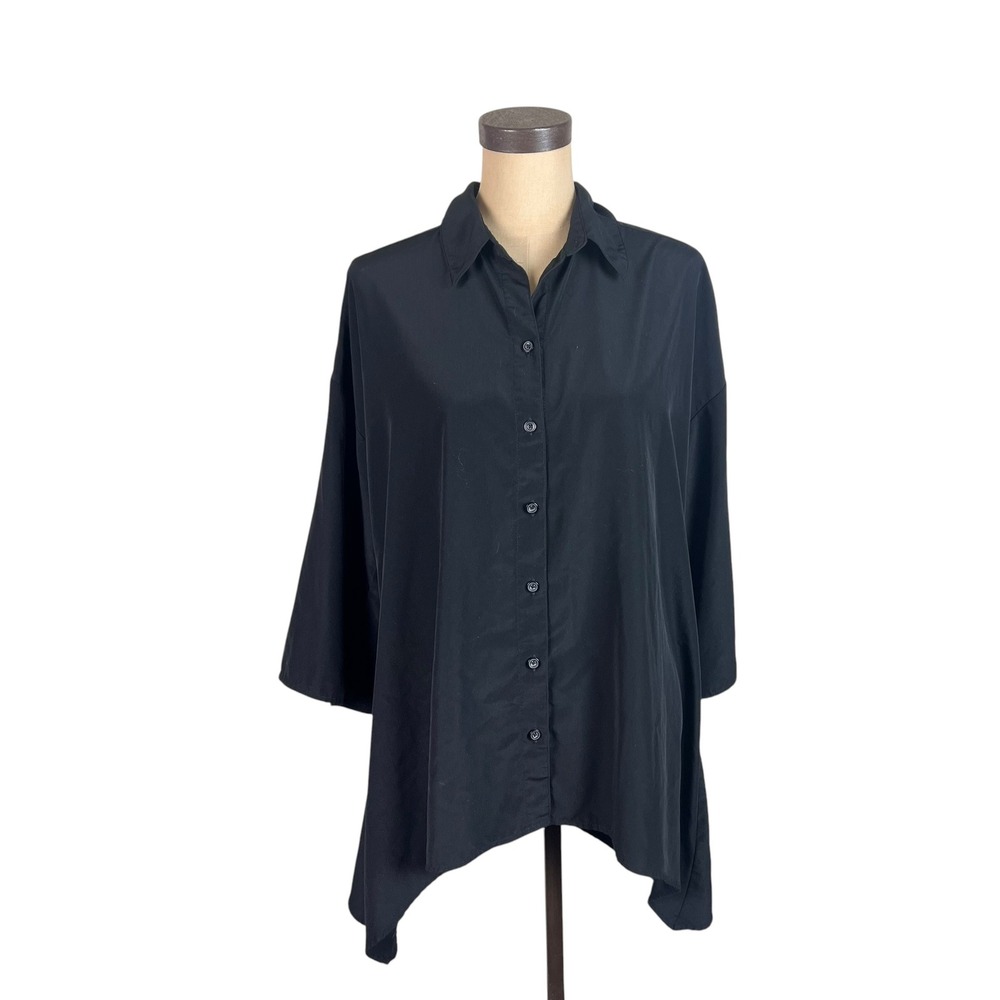 Chicos Black Button Down Tunic Shirt 3/4 Roll Tab Sleeve Size 2 Large